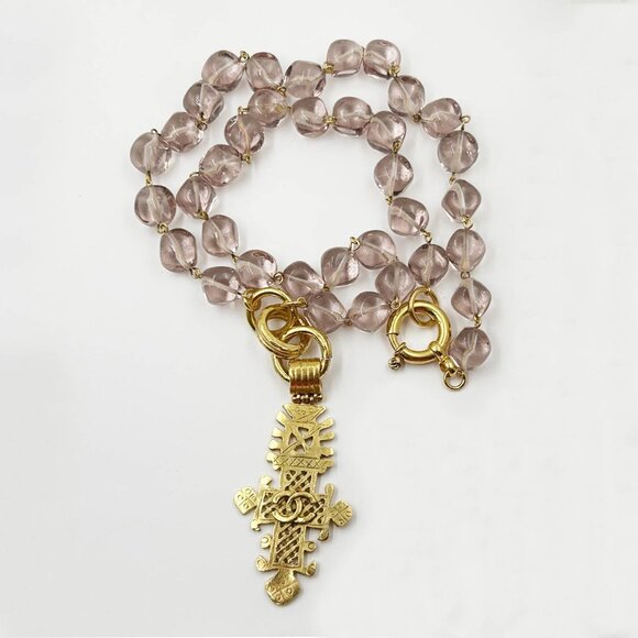Chanel Rare Vintage Gold Plated Cross Lavender Glass Bead Long Necklace - Picture 1 of 5